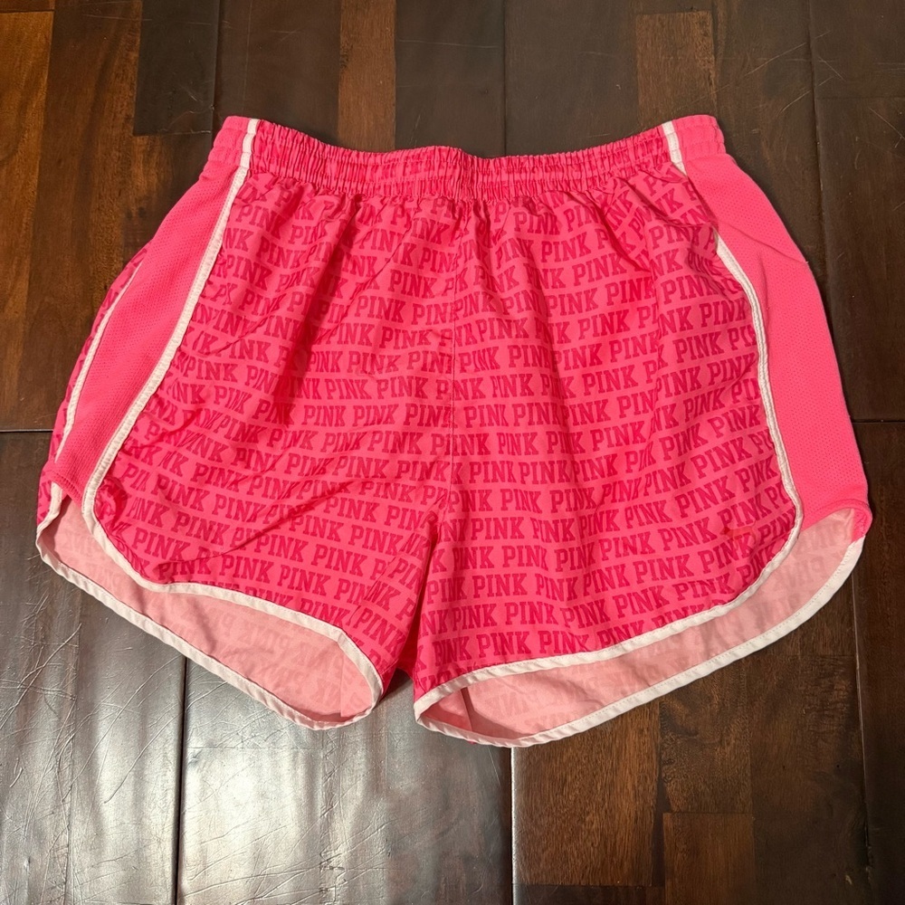 Victoria Secret Pink Running Shorts Women’s Size Medium Lined Spell Out AOP
